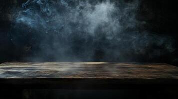 Mysterious wooden table against a smoky backdrop, creating a captivating and atmospheric setting. Perfect for adding intrigue to your images. photo