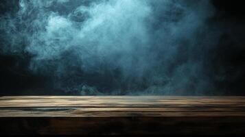 Wooden surface with a dramatic backdrop of swirling blue and white smoke against a dark background, creating a mystical atmosphere. photo