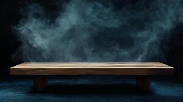A wooden platform stands serenely against a backdrop of ethereal mist, inviting focus on potential displays and contemplative atmosphere. photo