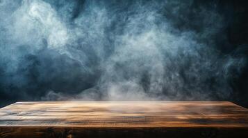 Wooden table and cloud of smoke, perfect for product presentation. Mysterious, cinematic, atmospheric background for your next project. photo
