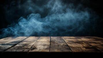 Smoky background with wooden floor. Backdrop for dramatic scenes, eerie atmospheres, and product presentation. Perfect for adding mystery. photo
