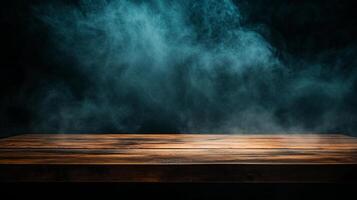 Wooden tabletop with ethereal smoke, perfect for showcasing products or adding a mysterious backdrop to your creative designs and displays. photo