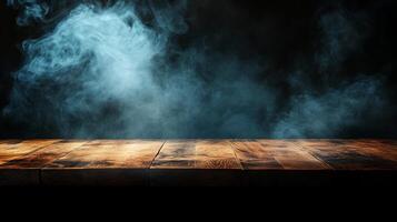 Rustic wooden table against a smoky backdrop, creates a dramatic setting with contrasting textures and mysterious atmosphere. Perfect for showcasing. photo