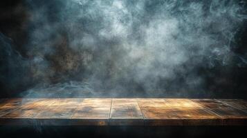A wooden surface with a textured design sits beneath a smoky, atmospheric backdrop, creating an intriguing and abstract scene. photo