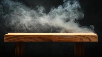 A wooden platform sits against a stark black background, engulfed in atmospheric smoke, creating a sense of mystique and calm. photo