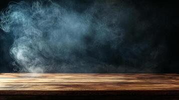 Atmospheric product background featuring a wooden surface and hazy smoke against a dark background, creating a sense of mystery. photo