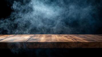 Ethereal backdrop with a rustic wood surface shrouded in a hazy mist, creating a dramatic and atmospheric product presentation. photo