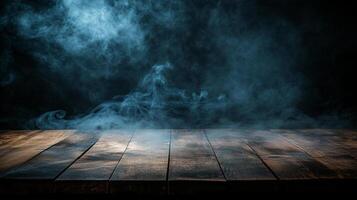 Smoky haze over a rustic wooden stage illuminated with dramatic lighting, creating a mysterious and atmospheric visual effect. photo