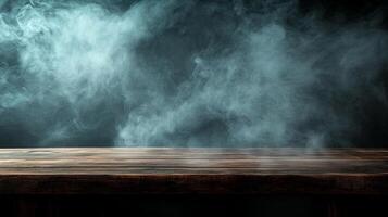 Atmospheric scene with a wooden surface shrouded in mist. Perfect for adding product visuals or text to an eerie background. photo