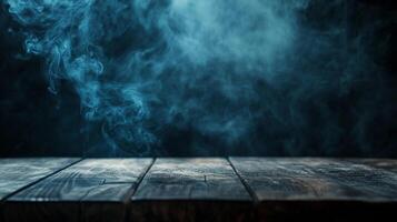 Moody atmosphere with blue smoke. This evocative scene features textured wooden planks and mysterious atmospheric smoke in soft blue hues. photo