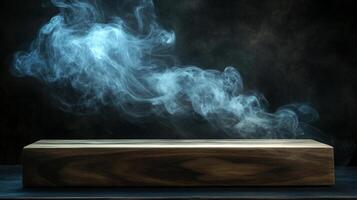 Wooden block set against a dark background with atmospheric smoke adds mystery and texture, enhancing any product display or presentation. photo