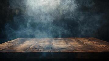 Wooden table surface in dark setting, illuminated by ethereal smoky atmosphere. Perfect for product display or atmospheric background. photo
