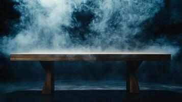 Wooden bench with minimalist design stands out against a moody backdrop filled with billowing smoke adding a touch of mystique and artistry. photo
