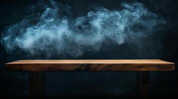 Rustic wooden table against dark backdrop with blue smoke effect, perfect for product display. Ideal for showcasing artisanal crafts and wares. photo