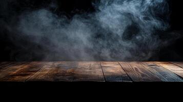 Ethereal smoke hovers over a rustic wooden surface against a dark backdrop, creating a mysterious, atmospheric scene. photo
