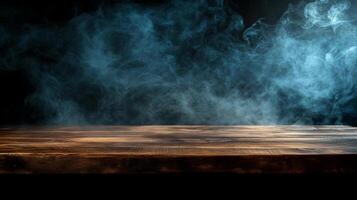 Mysterious setting with a wooden surface shrouded in an ethereal fog against a dark backdrop. The air is thick with anticipation. photo