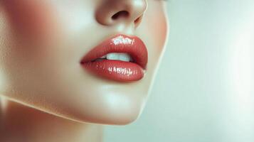 Close-up captures the radiant beauty of glossy lips, emphasizing health and vibrant color against a soft, diffused background. photo
