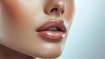 Close-up of a woman's face showcasing glossy lips and soft skin, emphasizing beauty and skincare in a visually appealing composition. photo