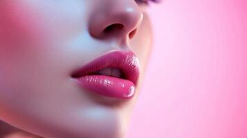 Close-up of a woman's face showcasing glossy pink lips against a soft pink background, emphasizing beauty and makeup details. photo