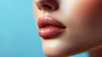 Close-up captures the detail of healthy, full lips with coral-colored lipstick and a glossy sheen on a turquoise background. photo