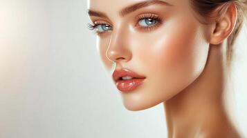 Close-up portrait of a radiant woman with light eyes, showcasing flawless skin and glossy lips in a pristine setting. Beauty and elegance. photo