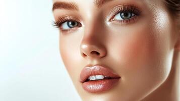 Close-up of a woman's face with flawless skin, defined eyebrows, long eyelashes, and glossy lips on a white background. photo