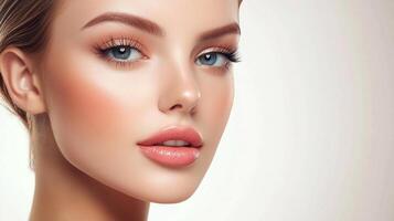 Close-up of a woman with flawless skin and expertly applied makeup, showcasing beauty and cosmetic artistry in a clean, bright setting. photo