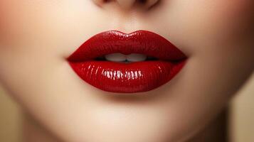 Close-up of luscious, bold red lips with a glossy finish. The creamy complexion creates a striking contrast, emphasizing the captivating smile. photo