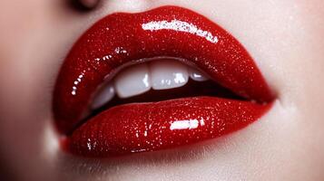 Close-up of vibrant red lips, glossy and full, revealing a glimpse of white teeth. A striking image capturing beauty and glamour. photo