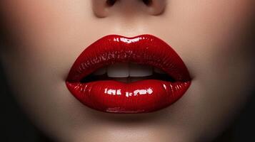 Close-up of a woman's face with bold red glossy lips, showcasing flawless skin and perfect teeth for a beauty or cosmetic advertisement. photo