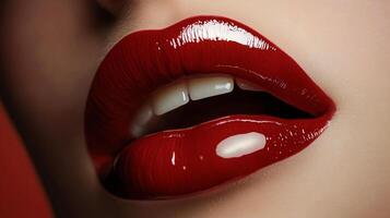 Close-up of luscious lips coated in shiny red. Glossy, vibrant, and alluring. The lips are slightly parted, revealing a glimpse of white teeth. photo