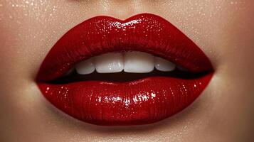 Close-up of luscious red lips with a glossy finish, revealing a glimpse of white teeth. A sensual and captivating beauty statement. photo