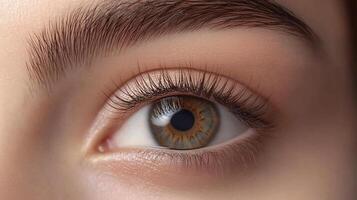 Close up of a human eye displaying intricate details of the iris, eyelashes, and brow. Perfect for beauty and health-related projects. photo