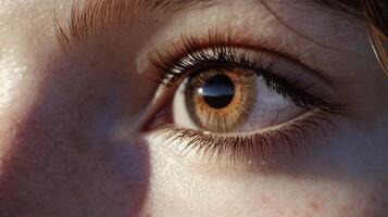 Close-up of a captivating eye, showcasing its intricate details, from delicate lashes to a mesmerizing iris with warm hazel tones. photo