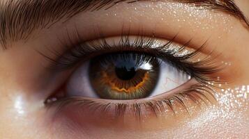Close-up of a hazel eye with long lashes and subtle makeup, showcasing the intricate details and vibrant colors of the iris. photo