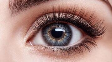 Close-up of a striking eye with long, dark lashes and intricate iris detail. The skin is smooth and lit by a soft light source. photo