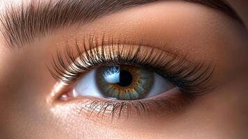 Detailed eye portrait capturing intricate iris patterns, long lashes, and skin texture, showcasing beauty and detail. photo