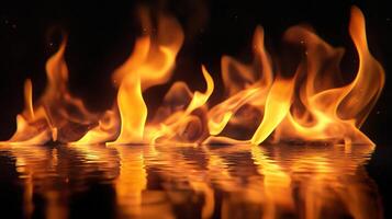 Luminous flames dance above a reflective surface, creating a mesmerizing display of warmth and light against a dark backdrop. Energetic and hot. photo