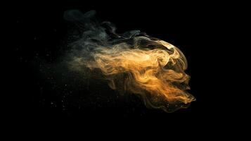 Golden cloud streams on a black backdrop create a mesmerizing abstract art, like smoke or mist. Light and shadow intertwine in beautiful harmony. photo