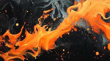 A fiery dance of orange hues against a dark canvas, swirling with smoky grays in an abstract artful display of energetic movement. photo