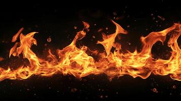 Vibrant flames dance in the darkness, a fiery spectacle. Bold colors and sharp shapes capture energy of heat with glowing sparks. photo