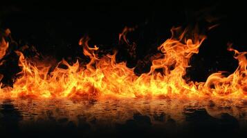 A vibrant display of orange flames against a dark backdrop, creating a striking visual contrast and mesmerizing reflection pattern. photo