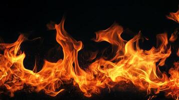 Intense flames dance against a dark backdrop, showcasing the dynamic nature of fire and its mesmerizing power, a blaze in motion. photo