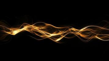 Abstract image showing vibrant golden light streams flowing sinuously across a stark black background, evoking energy and motion. photo