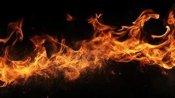 Dynamic flame display with vibrant orange hues, dancing across a stark black background, evoking heat and intensity. Fiery artistic display. photo