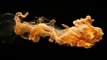 Abstract golden smoke gracefully swirls against a stark black background. Delicate tendrils and a captivating ethereal glow emanate movement. photo