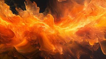 Fiery abstract art featuring a vibrant mix of orange and yellow hues, creating a dynamic and fluid appearance against a dark background. photo