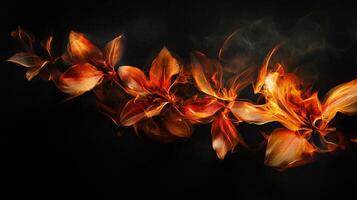 Fiery floral arrangement on a black background with orange, red, and golden petals creating a dynamic and captivating display. photo