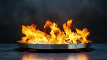 A mesmerizing display of vibrant flames dances atop a sleek, modern metal surface, creating warmth and allure in a contemporary setting. photo