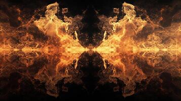 Abstract fiery patterns create a symmetrical and mesmerizing display against a dark background, evoking a sense of power and heat. photo